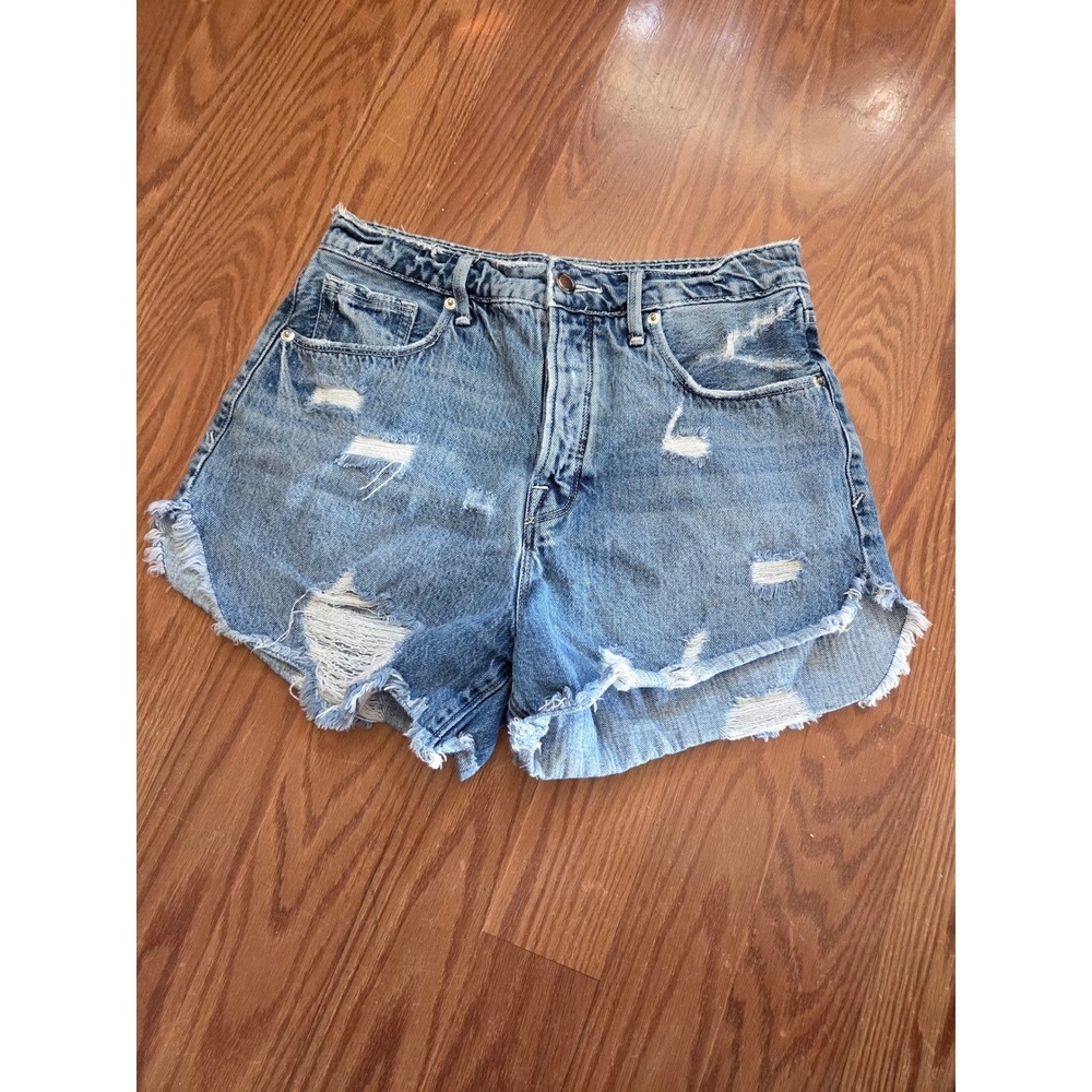 Good American Distressed Denim Shorts Light Wash High Rise Button Fly Size 2 26
